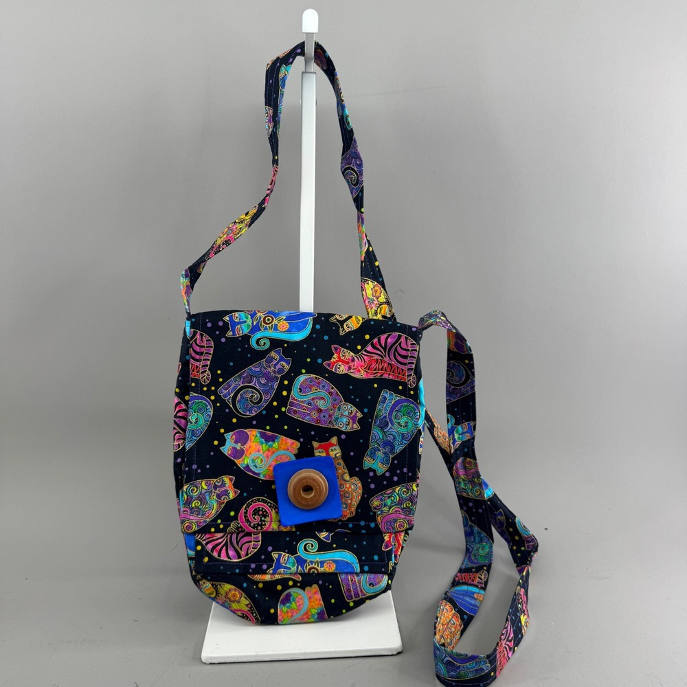 Handmade Women Psychedelic Cat Print Fabric Crossbody Messenger Bag Black Multi